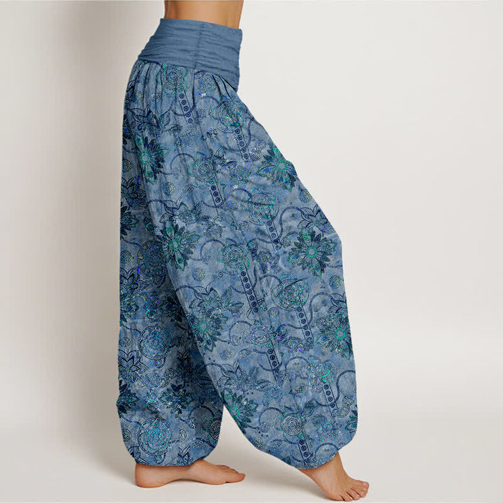 Buddha Stones Pantaloni harem da donna in puro cotone verde oliva con motivo floreale boho a rombi e vita elasticizzata. - image 10