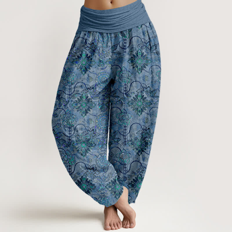 Buddha Stones Pantaloni harem da donna in puro cotone verde oliva con motivo floreale boho a rombi e vita elasticizzata. - SteelBlue - US16, UK/AU20, EU48 (3XL) - image 8