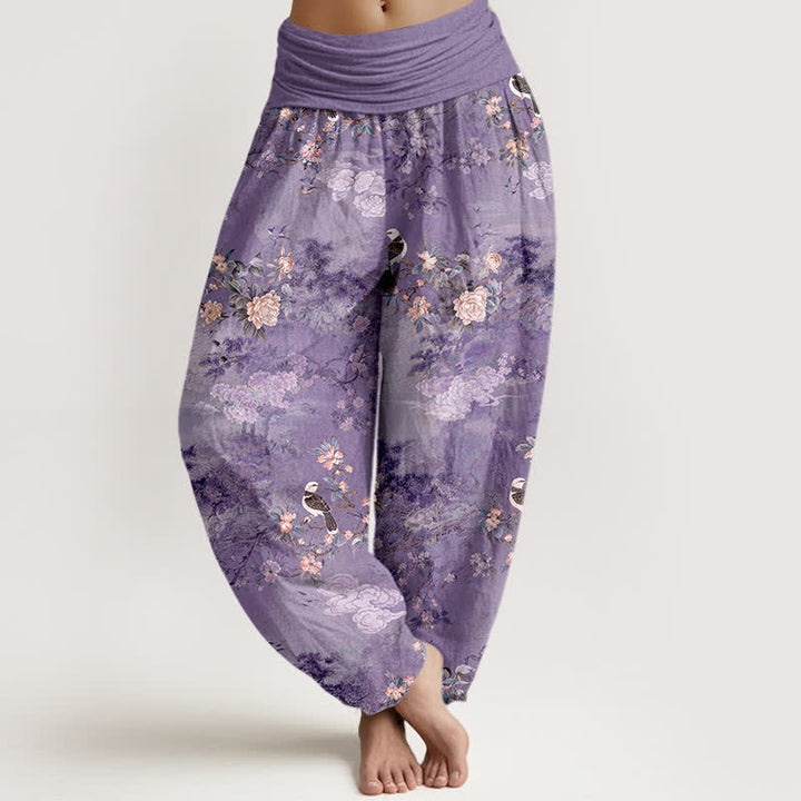 Buddha Stones Pantaloni harem da donna in puro cotone con fantasia floreale e uccellini, vita elasticizzata. - Viola medio - US16, UK/AU20, EU48 (3XL) - image 0