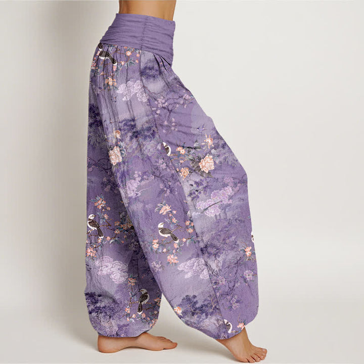 Buddha Stones Pantaloni harem da donna in puro cotone con fantasia floreale e uccellini, vita elasticizzata. - image 2