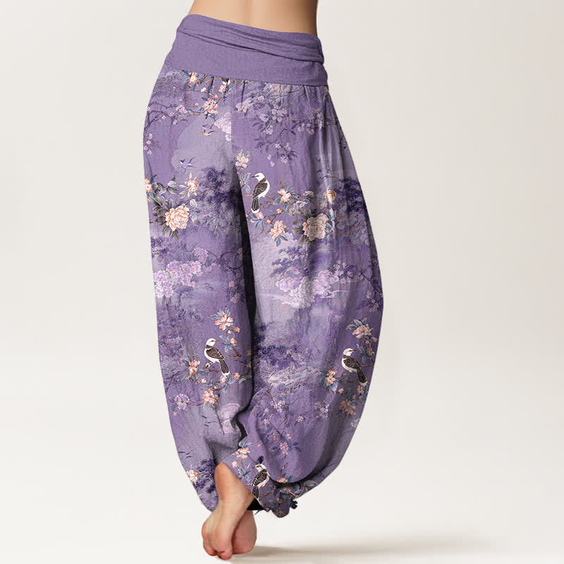 Buddha Stones Pantaloni harem da donna in puro cotone con fantasia floreale e uccellini, vita elasticizzata. - image 1