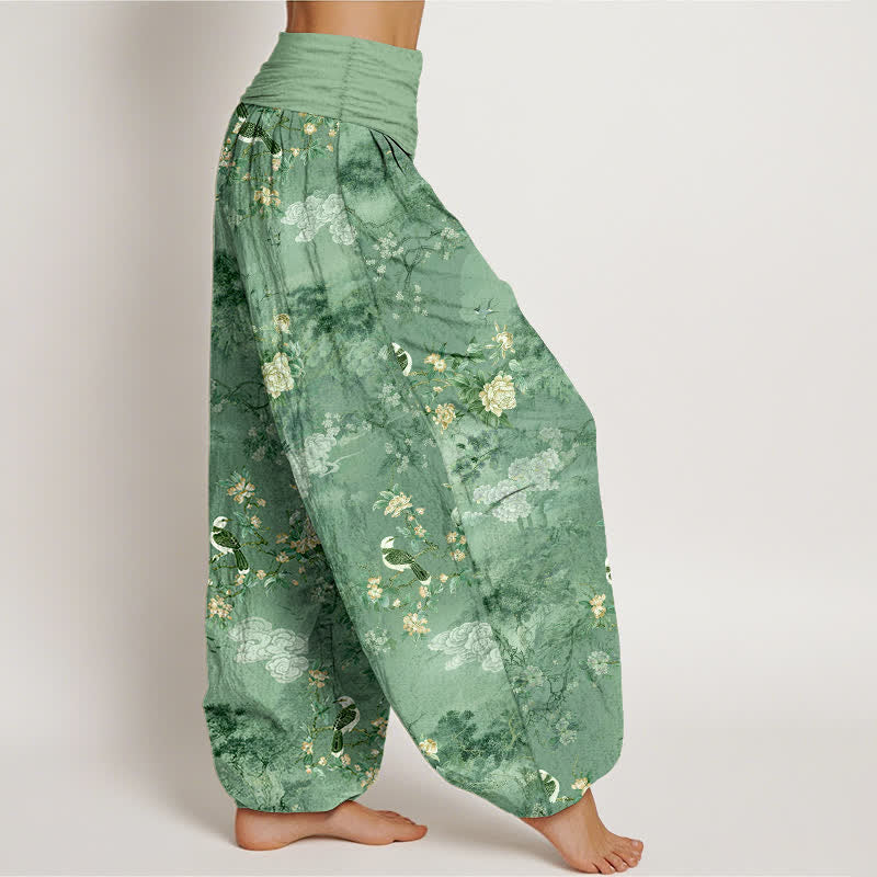 Buddha Stones Pantaloni harem da donna in puro cotone con fantasia floreale e uccellini, vita elasticizzata. - image 7