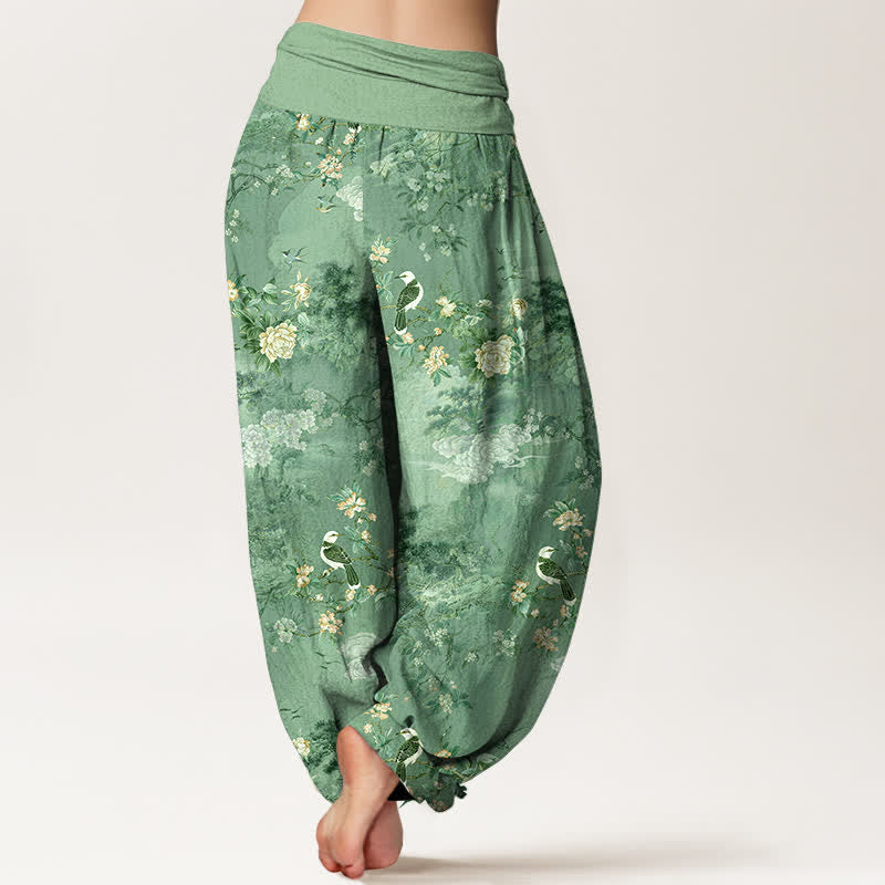 Buddha Stones Pantaloni harem da donna in puro cotone con fantasia floreale e uccellini, vita elasticizzata. - image 6