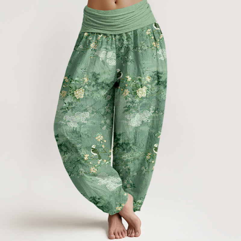 Buddha Stones Pantaloni harem da donna in puro cotone con fantasia floreale e uccellini, vita elasticizzata. - Verde medio del mare - US16, UK/AU20, EU48 (3XL) - image 5