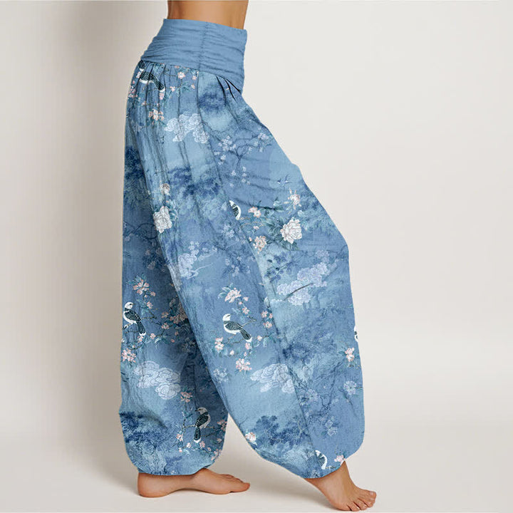 Buddha Stones Pantaloni harem da donna in puro cotone con fantasia floreale e uccellini, vita elasticizzata. - image 10