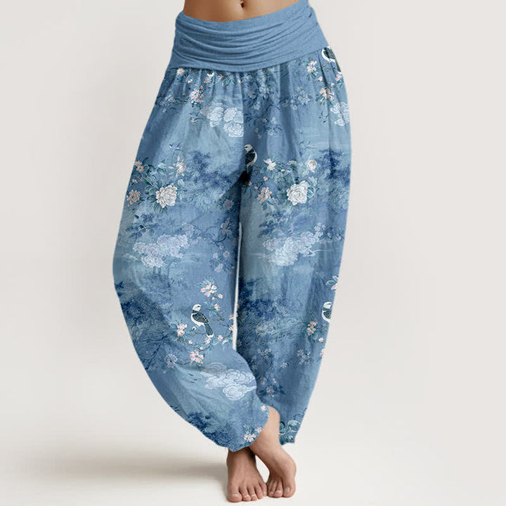 Buddha Stones Pantaloni harem da donna in puro cotone con fantasia floreale e uccellini, vita elasticizzata. - Blu fiordaliso - US16, UK/AU20, EU48 (3XL) - image 8