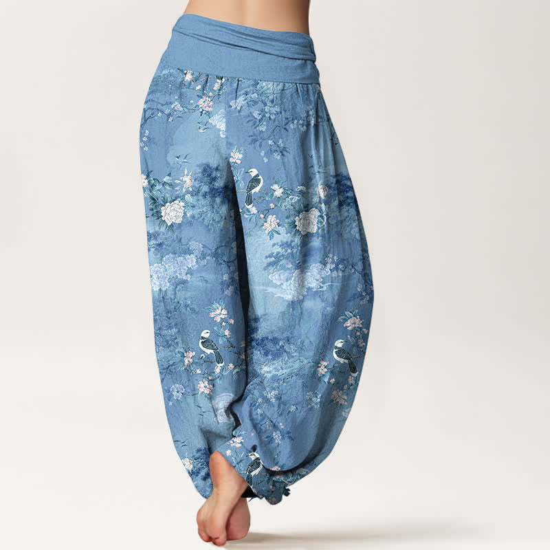 Buddha Stones Pantaloni harem da donna in puro cotone con fantasia floreale e uccellini, vita elasticizzata. - image 9