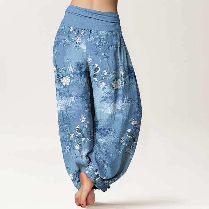 Buddha Stones Pantaloni harem da donna in puro cotone con fantasia floreale e uccellini, vita elasticizzata. - image 9