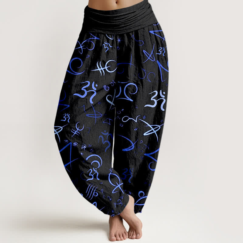 Buddha Stones Pantaloni harem da donna in puro cotone blu con motivo simbolo OM e vita elasticizzata. - Nero - US16, UK/AU20, EU48 (3XL) - image 0