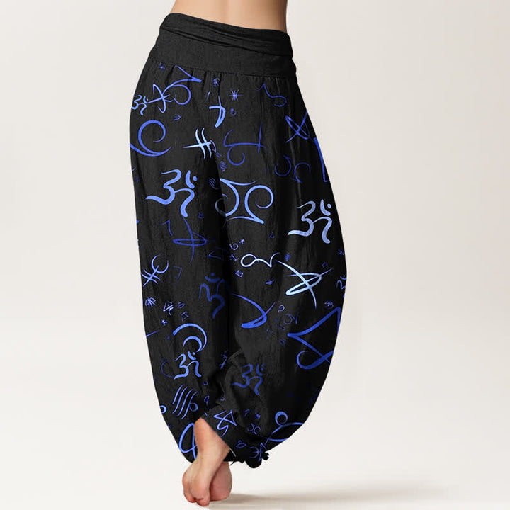 Buddha Stones Pantaloni harem da donna in puro cotone blu con motivo simbolo OM e vita elasticizzata. - image 1