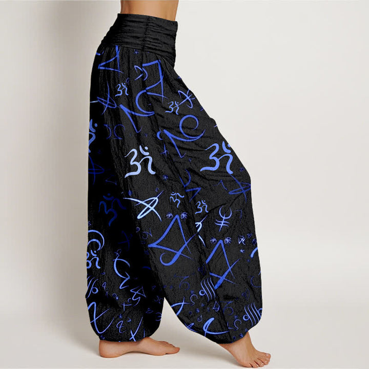 Buddha Stones Pantaloni harem da donna in puro cotone blu con motivo simbolo OM e vita elasticizzata. - image 2