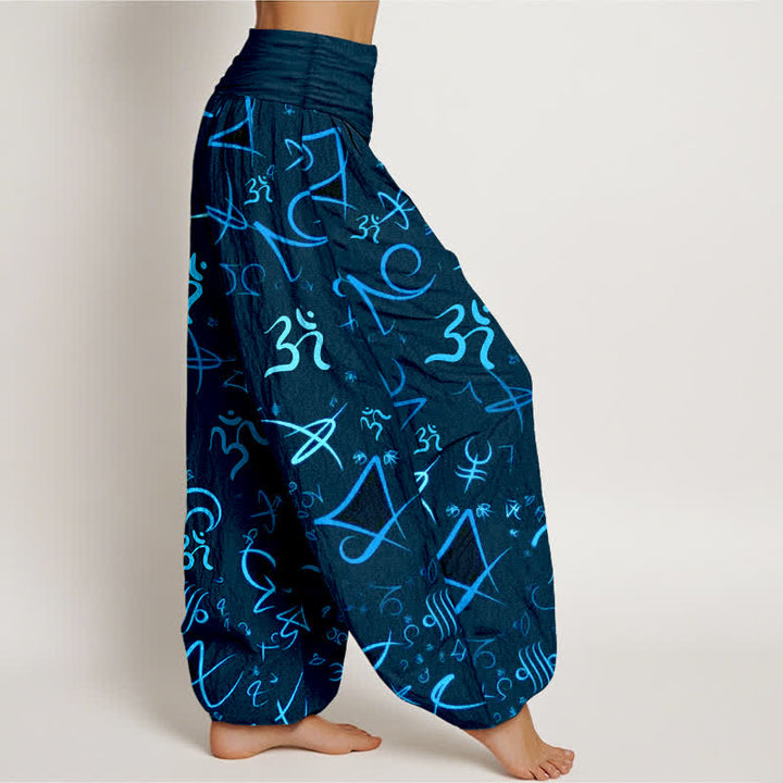 Buddha Stones Pantaloni harem da donna in puro cotone blu con motivo simbolo OM e vita elasticizzata. - image 7