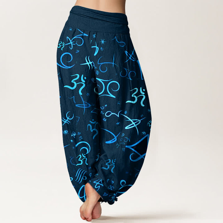 Buddha Stones Pantaloni harem da donna in puro cotone blu con motivo simbolo OM e vita elasticizzata. - image 6