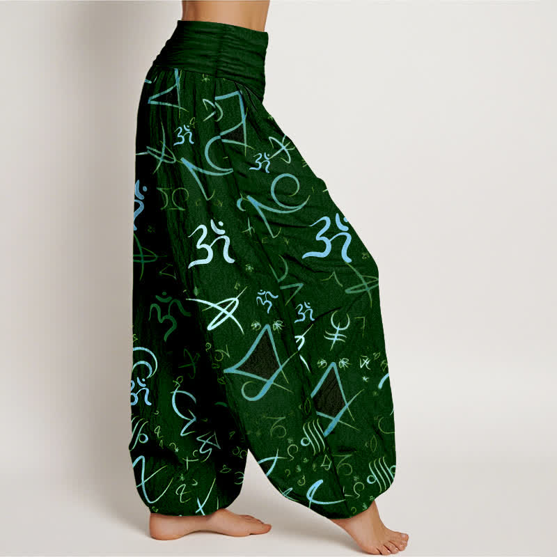 Buddha Stones Pantaloni harem da donna in puro cotone blu con motivo simbolo OM e vita elasticizzata. - image 10