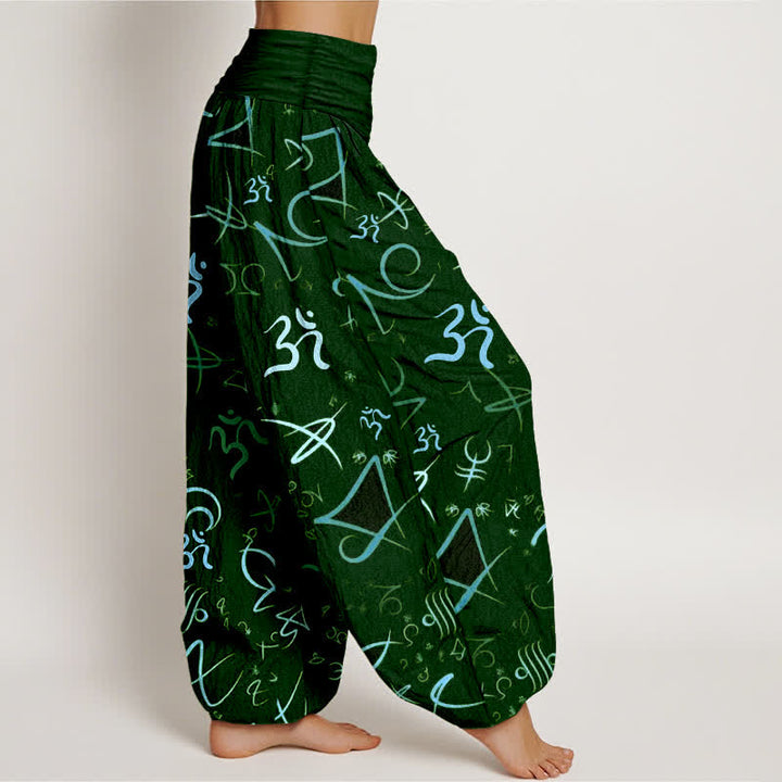 Buddha Stones Pantaloni harem da donna in puro cotone blu con motivo simbolo OM e vita elasticizzata. - image 10