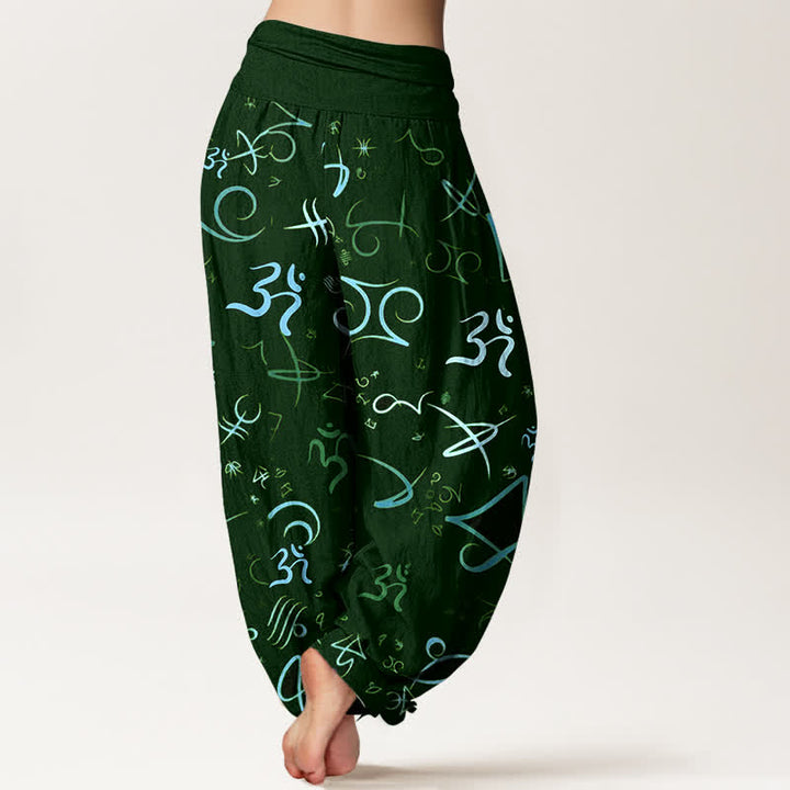 Buddha Stones Pantaloni harem da donna in puro cotone blu con motivo simbolo OM e vita elasticizzata. - image 9
