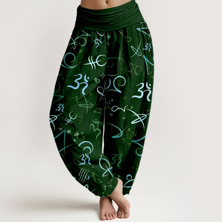 Buddha Stones Pantaloni harem da donna in puro cotone blu con motivo simbolo OM e vita elasticizzata. - Verde scuro - US16, UK/AU20, EU48 (3XL) - image 8
