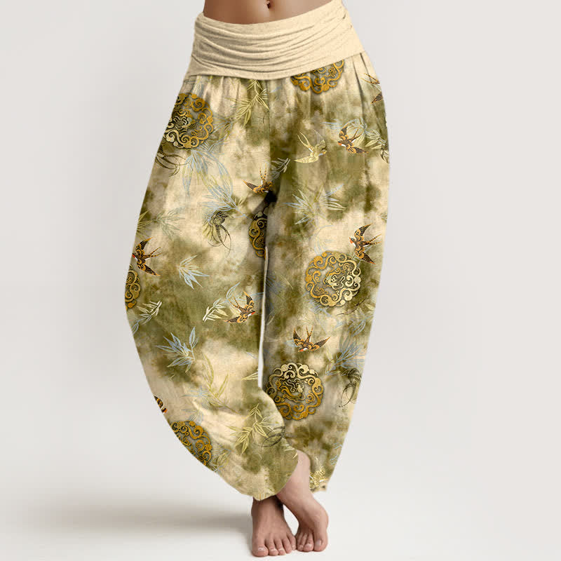 Buddha Stones Pantaloni harem da donna in puro cotone con motivo a medaglione di nuvole e uccelli, con elastico in vita. - Cachi - US16, UK/AU20, EU48 (3XL) - image 0