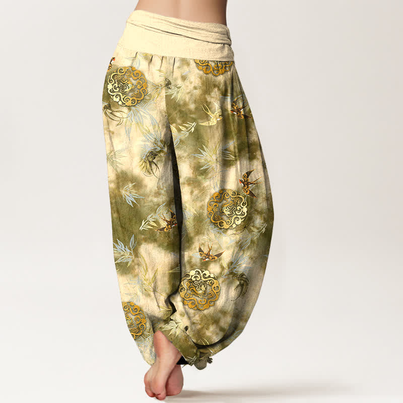 Buddha Stones Pantaloni harem da donna in puro cotone con motivo a medaglione di nuvole e uccelli, con elastico in vita. - image 1