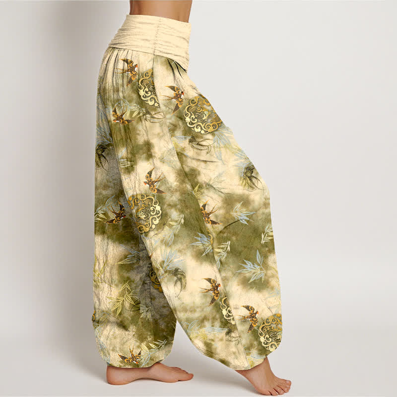 Buddha Stones Pantaloni harem da donna in puro cotone con motivo a medaglione di nuvole e uccelli, con elastico in vita. - image 2