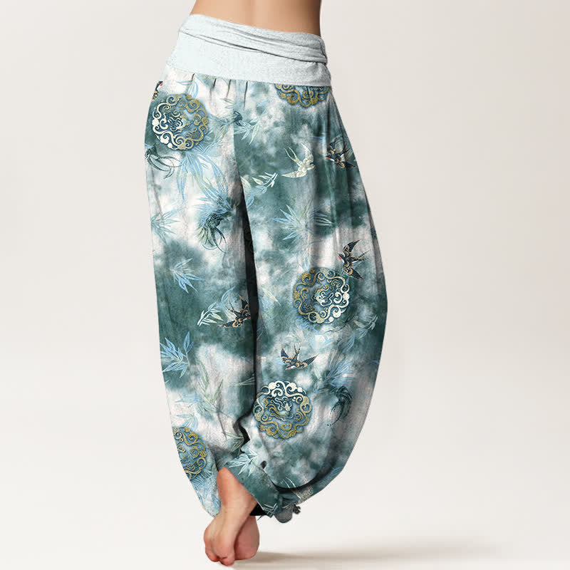 Buddha Stones Pantaloni harem da donna in puro cotone con motivo a medaglione di nuvole e uccelli, con elastico in vita. - image 6