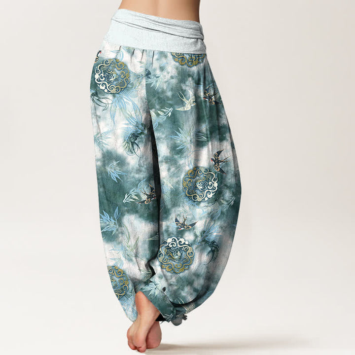 Buddha Stones Pantaloni harem da donna in puro cotone con motivo a medaglione di nuvole e uccelli, con elastico in vita. - image 6