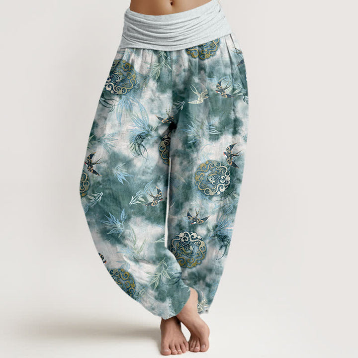 Buddha Stones Pantaloni harem da donna in puro cotone con motivo a medaglione di nuvole e uccelli, con elastico in vita. - Ciano scuro - US16, UK/AU20, EU48 (3XL) - image 5