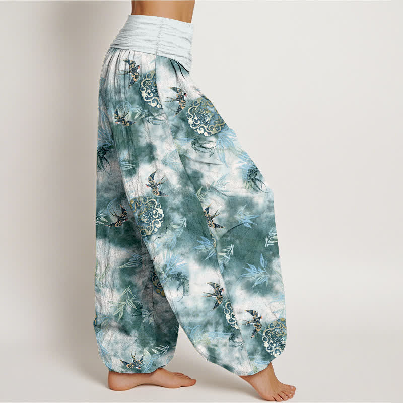 Buddha Stones Pantaloni harem da donna in puro cotone con motivo a medaglione di nuvole e uccelli, con elastico in vita. - image 7