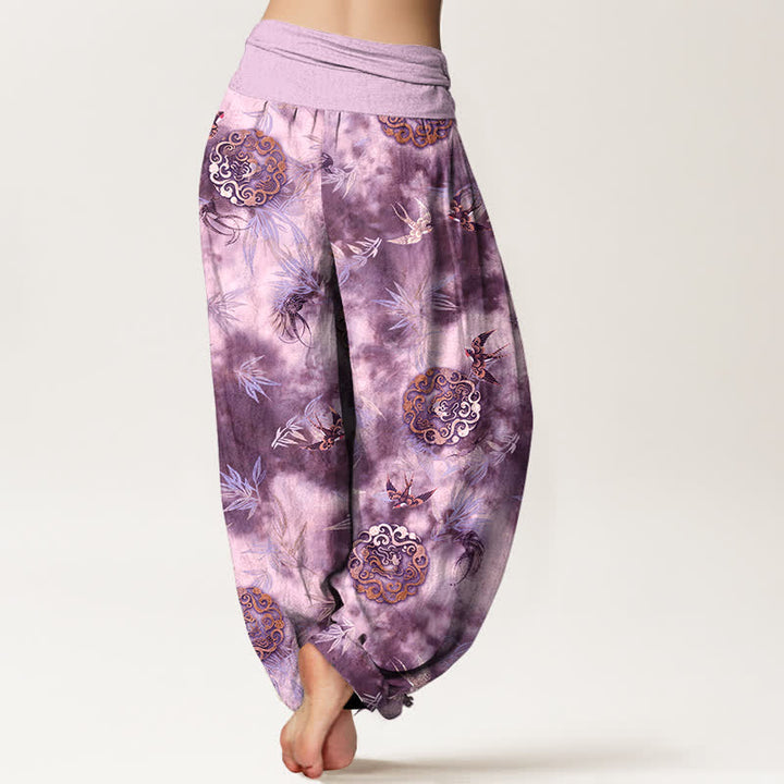 Buddha Stones Pantaloni harem da donna in puro cotone con motivo a medaglione di nuvole e uccelli, con elastico in vita. - image 9