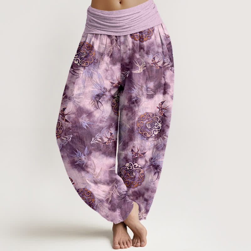 Buddha Stones Pantaloni harem da donna in puro cotone con motivo a medaglione di nuvole e uccelli, con elastico in vita. - Orchidea media - US16, UK/AU20, EU48 (3XL) - image 8