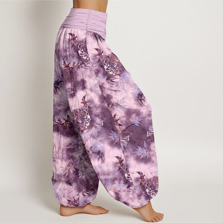 Buddha Stones Pantaloni harem da donna in puro cotone con motivo a medaglione di nuvole e uccelli, con elastico in vita. - image 10