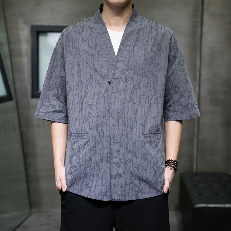 Buddha Stones Camicia da uomo estiva a maniche corte con scollo a V, bottoni e motivo a effetto frantumato, con tasche. - Grigio ardesia - US/UK/AU46, EU56 (5XL) - image 0