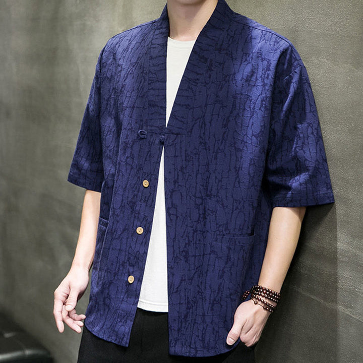 Buddha Stones Camicia da uomo estiva a maniche corte con scollo a V, bottoni e motivo a effetto frantumato, con tasche. - image 15