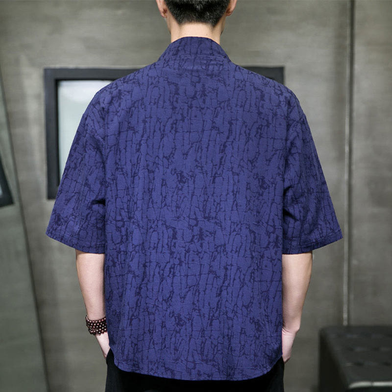 Buddha Stones Camicia da uomo estiva a maniche corte con scollo a V, bottoni e motivo a effetto frantumato, con tasche. - image 16