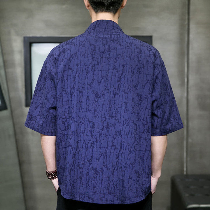 Buddha Stones Camicia da uomo estiva a maniche corte con scollo a V, bottoni e motivo a effetto frantumato, con tasche. - image 16