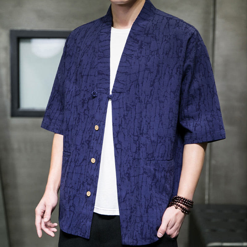 Buddha Stones Camicia da uomo estiva a maniche corte con scollo a V, bottoni e motivo a effetto frantumato, con tasche. - image 22