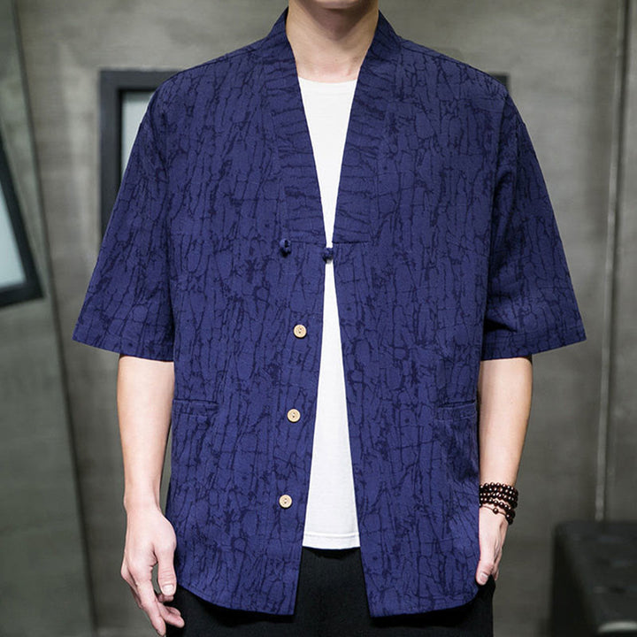 Buddha Stones Camicia da uomo estiva a maniche corte con scollo a V, bottoni e motivo a effetto frantumato, con tasche. - image 18