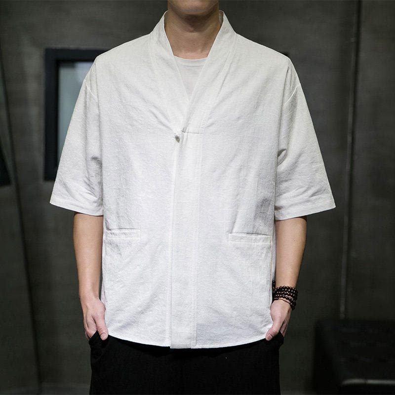 Buddha Stones Camicia da uomo estiva a maniche corte con scollo a V, bottoni e motivo a effetto frantumato, con tasche. - Bianco - US/UK/AU46, EU56 (5XL) - image 24