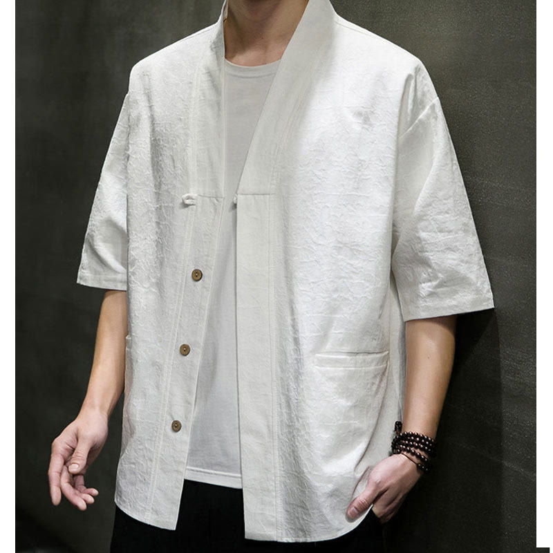 Buddha Stones Camicia da uomo estiva a maniche corte con scollo a V, bottoni e motivo a effetto frantumato, con tasche. - image 31