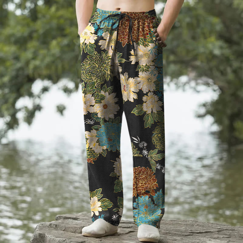 Buddha Stones Pantaloni da uomo affusolati con tasche, in cotone, con motivo floreale di peonie e crisantemi turchesi. - Nero - US/UK/AU50, EU60 (5XL) - image 0