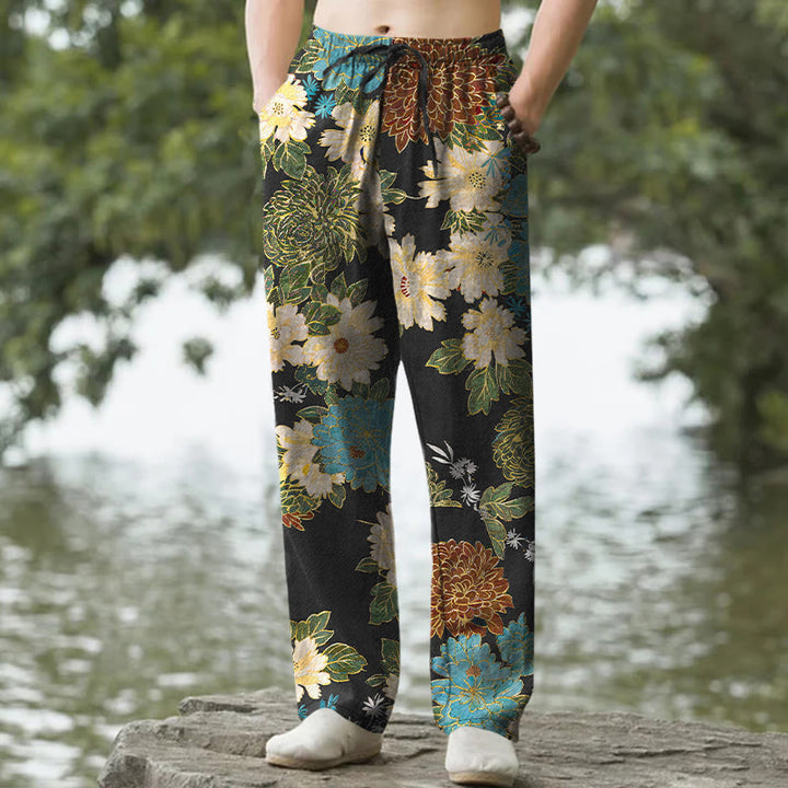 Buddha Stones Pantaloni da uomo affusolati con tasche, in cotone, con motivo floreale di peonie e crisantemi turchesi. - Nero - US/UK/AU50, EU60 (5XL) - image 0