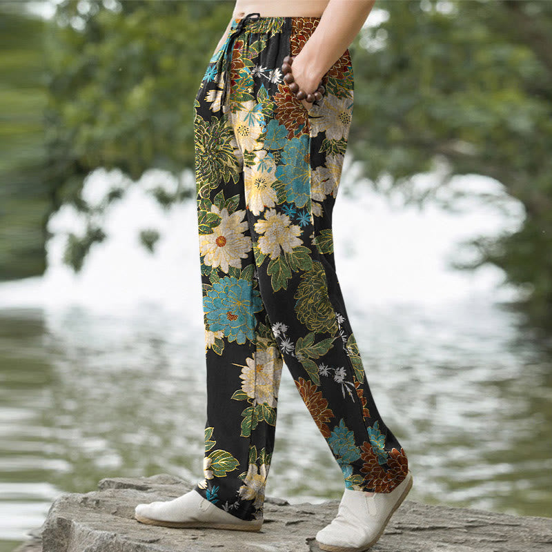 Buddha Stones Pantaloni da uomo affusolati con tasche, in cotone, con motivo floreale di peonie e crisantemi turchesi. - image 1