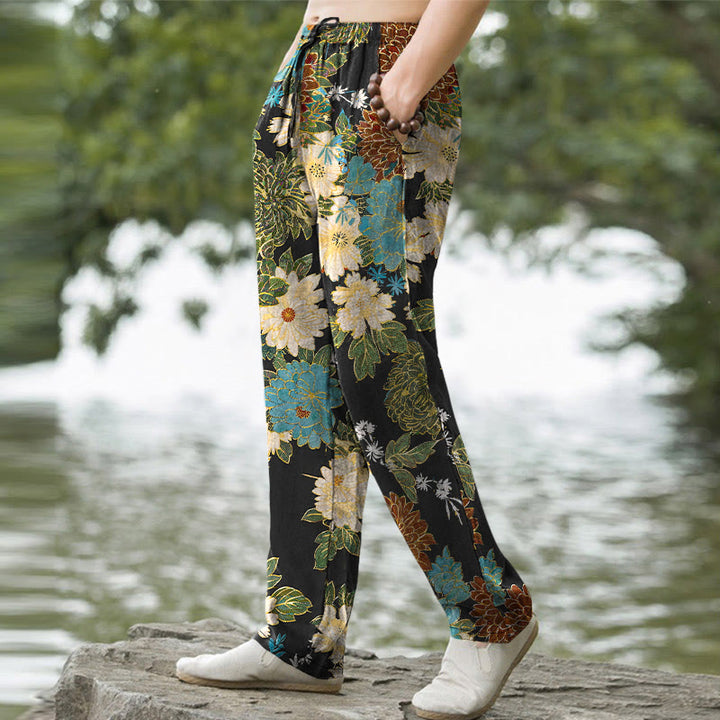 Buddha Stones Pantaloni da uomo affusolati con tasche, in cotone, con motivo floreale di peonie e crisantemi turchesi. - image 1