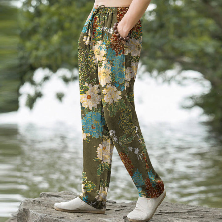 Buddha Stones Pantaloni da uomo affusolati con tasche, in cotone, con motivo floreale di peonie e crisantemi turchesi. - image 5