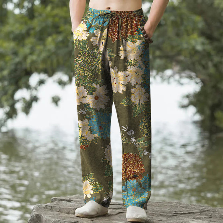 Buddha Stones Pantaloni da uomo affusolati con tasche, in cotone, con motivo floreale di peonie e crisantemi turchesi. - Oliva - US/UK/AU50, EU60 (5XL) - image 4