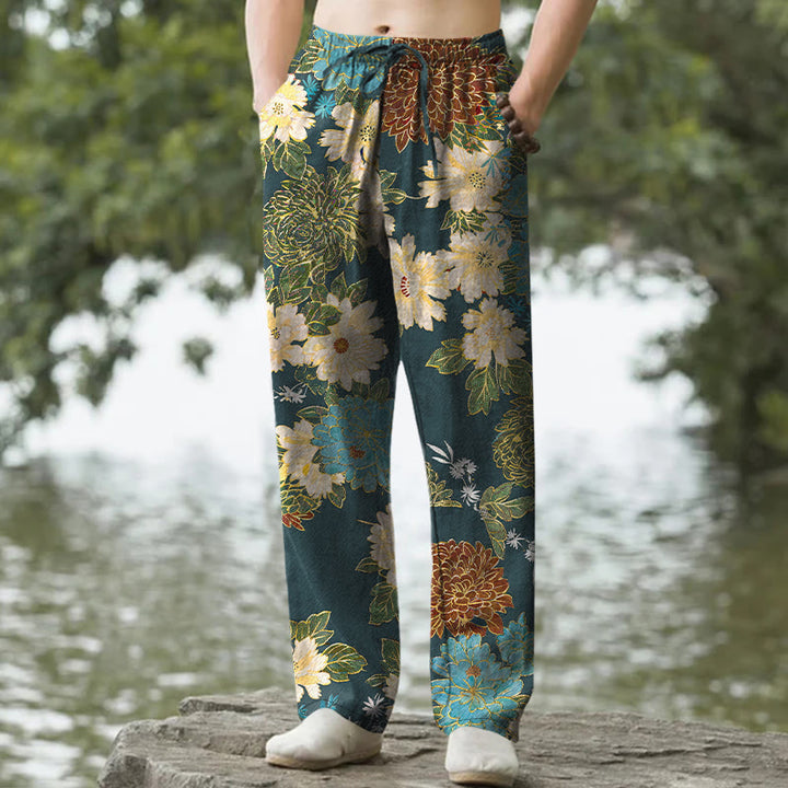 Buddha Stones Pantaloni da uomo affusolati con tasche, in cotone, con motivo floreale di peonie e crisantemi turchesi. - SteelBlue - US/UK/AU50, EU60 (5XL) - image 6
