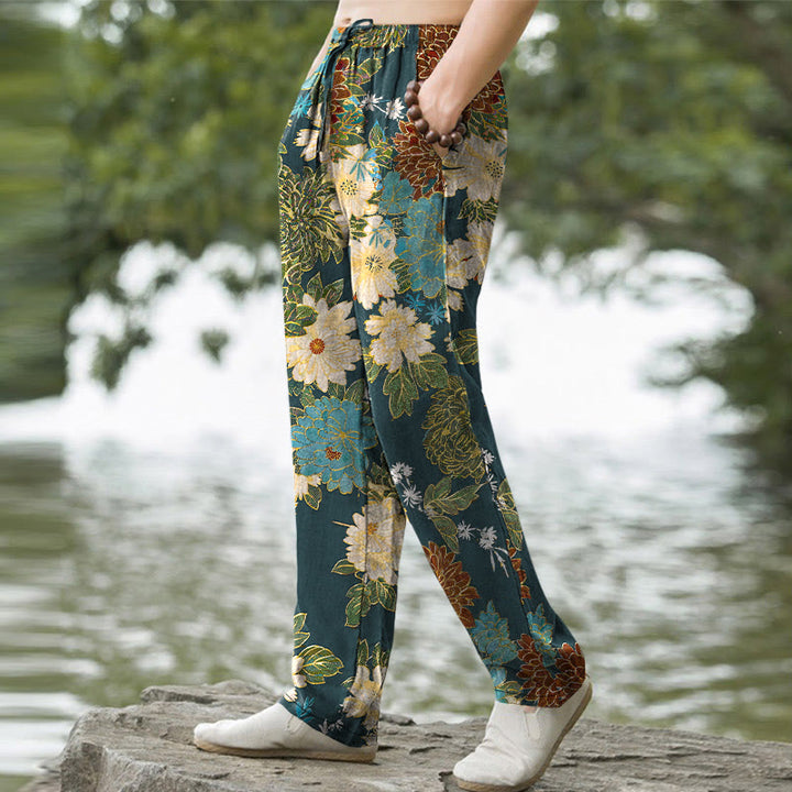 Buddha Stones Pantaloni da uomo affusolati con tasche, in cotone, con motivo floreale di peonie e crisantemi turchesi. - image 7