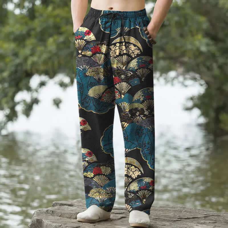 Buddha Stones Pantaloni affusolati da uomo in cotone con motivo floreale e stampa a ventaglio orientale pieghevole, con tasche. - Nero - US/UK/AU50, EU60 (5XL) - image 0