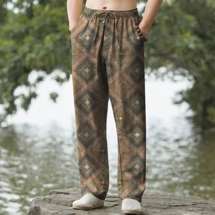 Buddha Stones Pantaloni da uomo affusolati in cotone stile bohémien con motivo floreale a rombi e tasche. - Verde oliva - US/UK/AU50, EU60 (5XL) - image 4