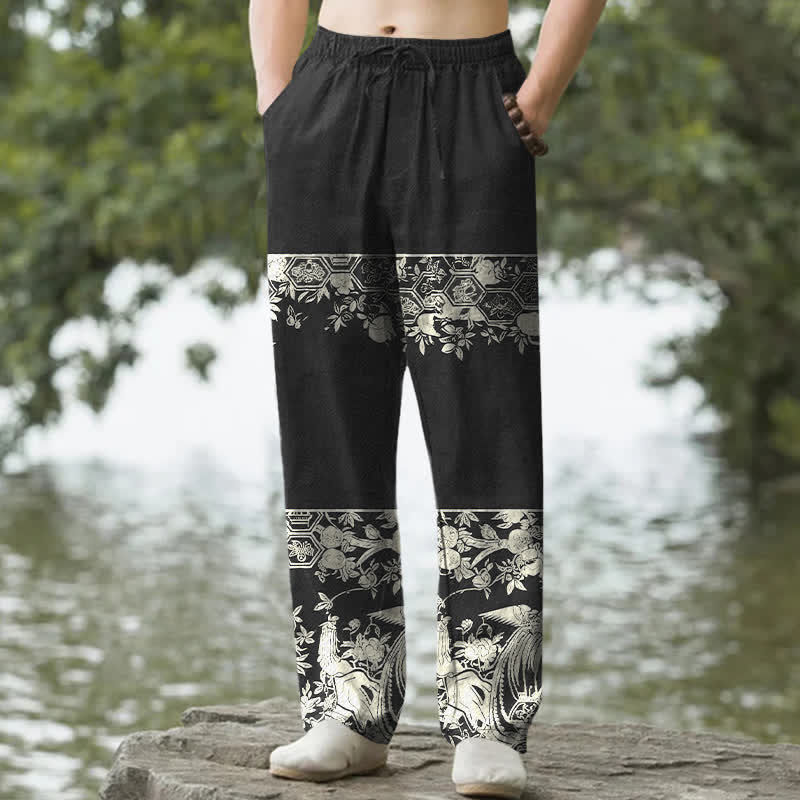 Buddha Stones Pantaloni da uomo affusolati in cotone color avorio con fantasia floreale e tasche. - Nero - US/UK/AU50, EU60 (5XL) - image 0